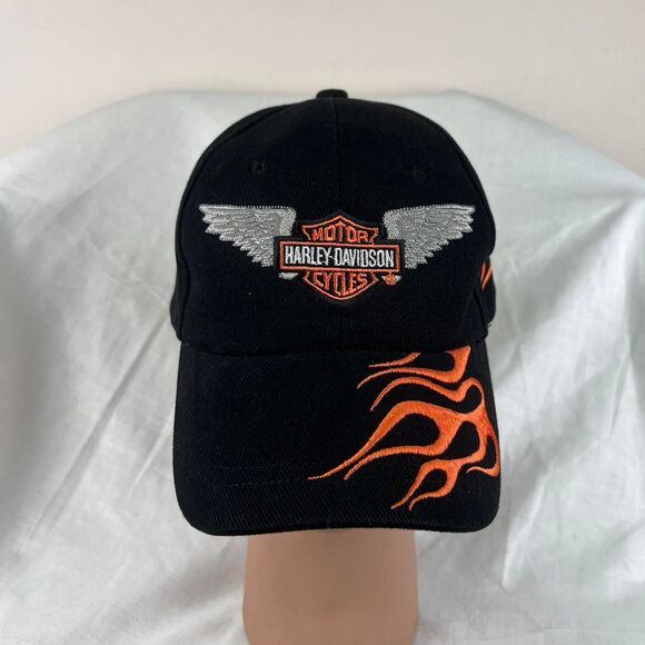 Vintage Harley Davidson black and orange Flame Embroidered Baseball Cap Y2K - Picture 1 of 7